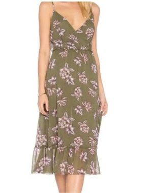 Avec les filles Olive Green Floral V-Neck Midi Dress